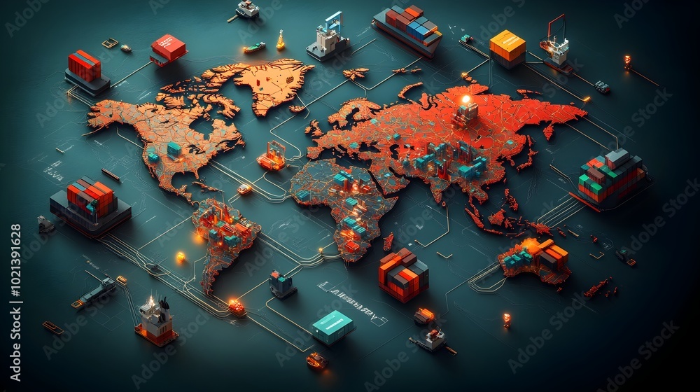 Poster sophisticated global logistics visualization depicting efficient supply chain networks and container