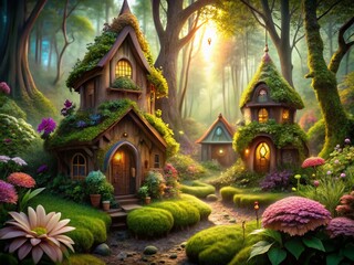 Fototapeta premium Enchanting Fairy Houses Nestled in Lush Greenery Surrounded by Nature's Magical Beauty and Charm