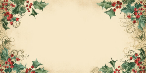 Christmas decoration frame with holly berries and pine branches, perfect for winter holiday cards and invitations,Generated By Ai