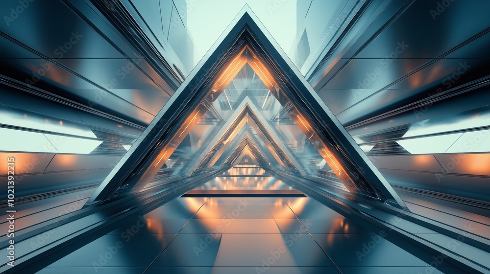 Poster futuristic triangular corridor illuminated by soft orange lights and sleek metallic surfaces in a mo
