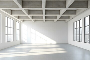 Modern Loft Apartment Empty Room with Large Windows and Concrete Ceiling
