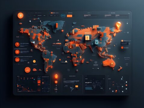Innovative AI driven logistics monitoring system with detailed digital world map real time visualization of global supply chain and container ship traffic
