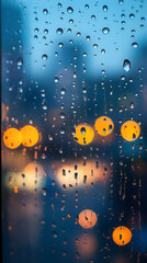 Fototapeta premium 雨覆盖窗户的特写镜头，背景是路灯的模糊图像 