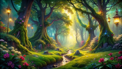 Fototapeta premium Enchanting Realistic Magical Forest Scene with Lush Greenery, Mystical Light, and Whimsical Atmosphere for Nature