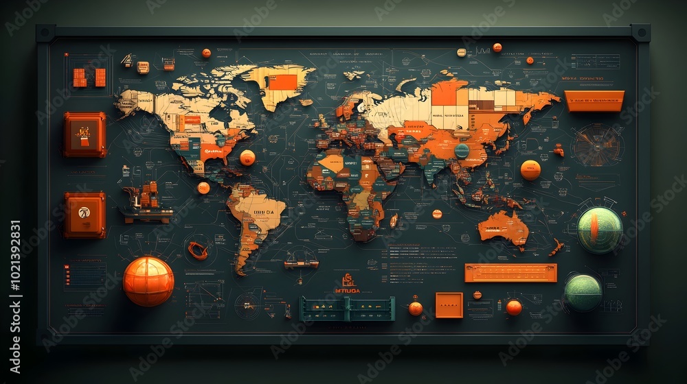 Poster sophisticated directing international logistics a detailed world map plotting strategic supply netwo