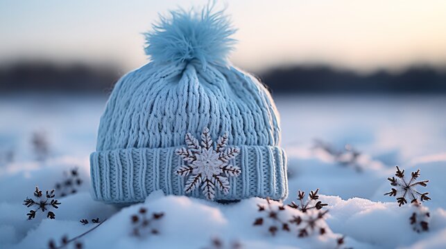 Macro shot of snowflakes on a woolen cap in winter