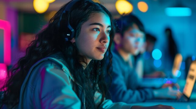 Focused Gamer in a High-Tech Space with Colorful Lights and Headset