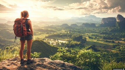 Naklejka premium Adventurous woman exploring a stunning landscape with mountains and greenery.