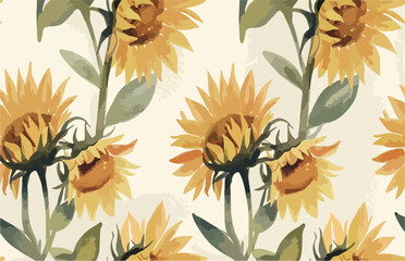 Simple watercolor sunflowers with minimal details, soft yellow petals on a pale cream background.eps