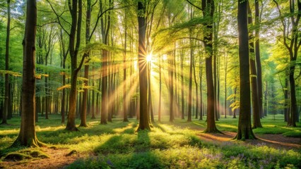 Obraz premium Golden Sunbeams Filter Through a Dense Forest Canopy, Illuminating the Green Undergrowth and Creating a Serene Atmosphere