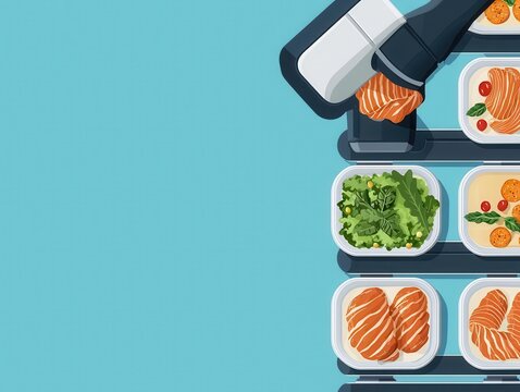 Schematic of a robotic food assembly line creating customized meals for dietary restrictions, food technology, customized food production
