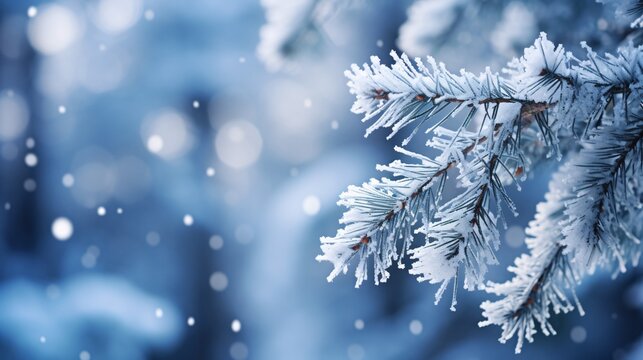 Snowflakes on a pine branch in a winter forest