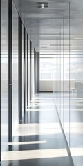 Modern Office Corridor With Glass Walls and Sunlight