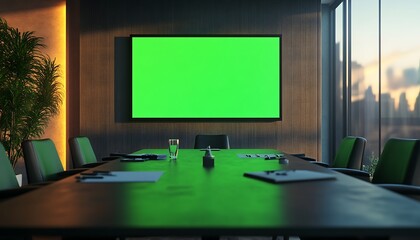 A modern conference room featuring a large green screen television, a sleek table, and comfortable chairs, with natural light streaming through the windows.