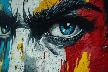 A Close-Up of a Blue Eye Painted on a Rough Wall