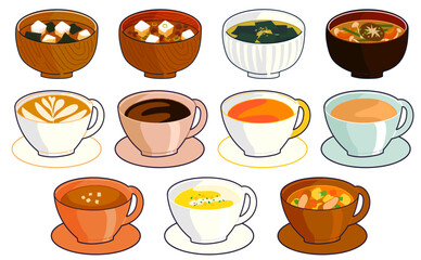 色々な椀物とスープ飲料のイラストセット