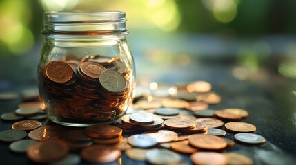 Glass Jar Filled with Coins and Scattered Coins on a Dark Surface