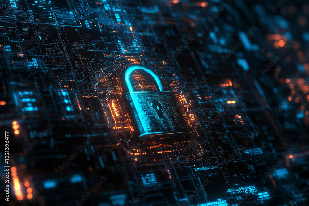 Aufkleber digital lock made of code, floating in the air against a backdrop of network schemes.
