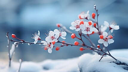 Fototapeta premium Snowflakes on a berry stem in a snowy landscape