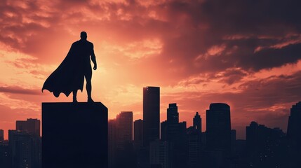 A superhero standing on a skyscraper rooftop, watching over the city as night falls, vigilante story, heroism and protection