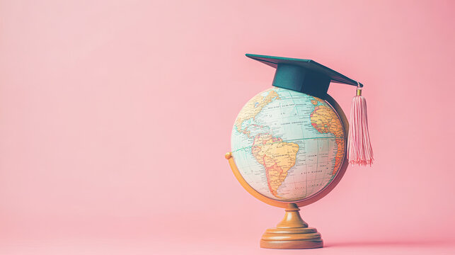 Graduation Cap atop Globe in Celebratory Pastel Setting