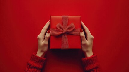 Female hands wrapping christmas gift box above red background