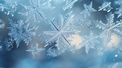 Snowflakes on a glass surface with frost patterns