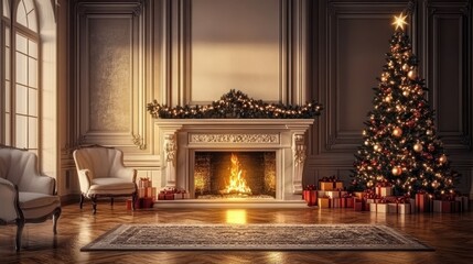 Fototapeta premium Festive interior with decorated Christmas tree and fireplace