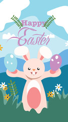 A cute bunny holds colorful eggs amid a vibrant, spring landscape with mountains, flowers, and bright skies, celebrating the joy and renewal of Easter.