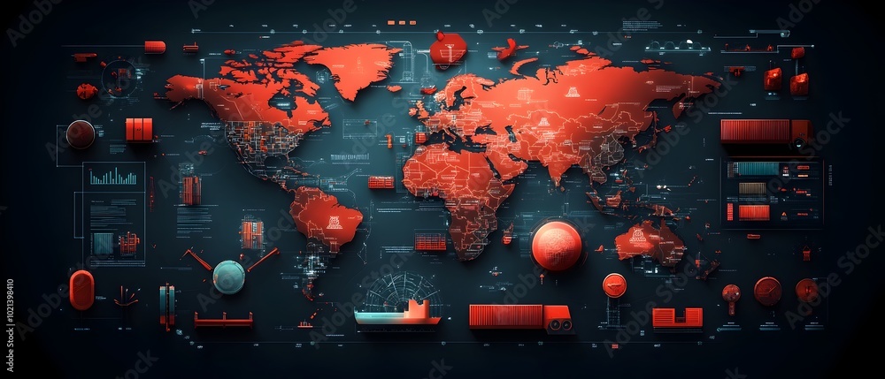 Poster expansive ai powered global logistics overview map with detailed tracking of supply chain routes con