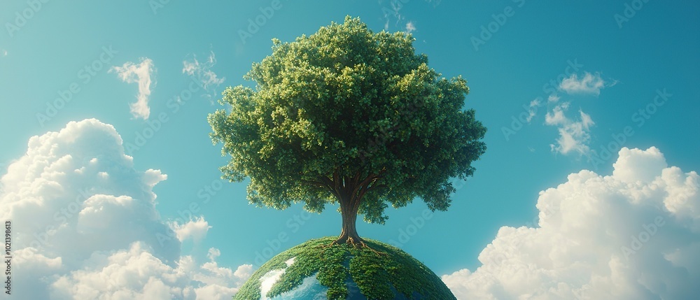 Poster a large green tree grows on a small planet in the clouds.