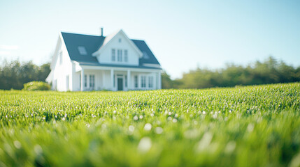A house with a white roof and white trim sits on a grassy lawn