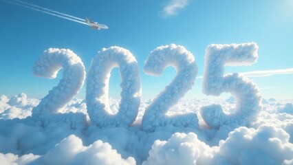 Happy New Year 2025, volumetric numbers of the year from white clouds on the blue sky and an airplane flying in the sky