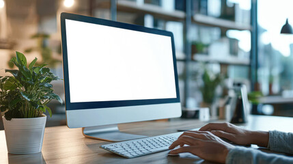 A person is typing on a computer monitor with a potted plant in front of it