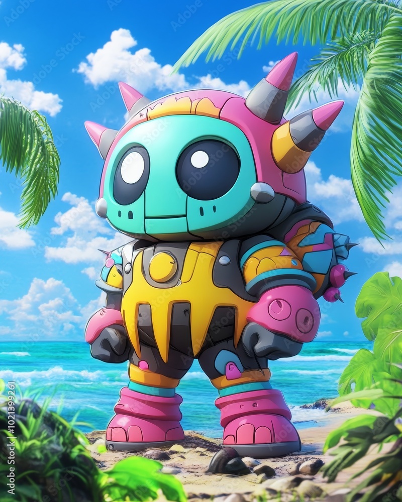 Poster a cheerful robot adorned with colorful spikes enjoys the sunny beach surrounded by palm trees