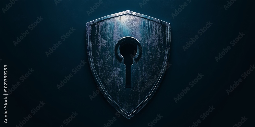 Poster minimalistic shield with a keyhole in the center, symbolizing cybersecurity defense.