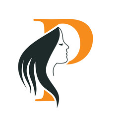 Beauty Logo On Letter P Concept With Woman Face Symbol. Fashion Logotype. Spa Logo Design