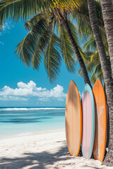 Tropical beach with blue ocean and surfboards under tall green palm trees