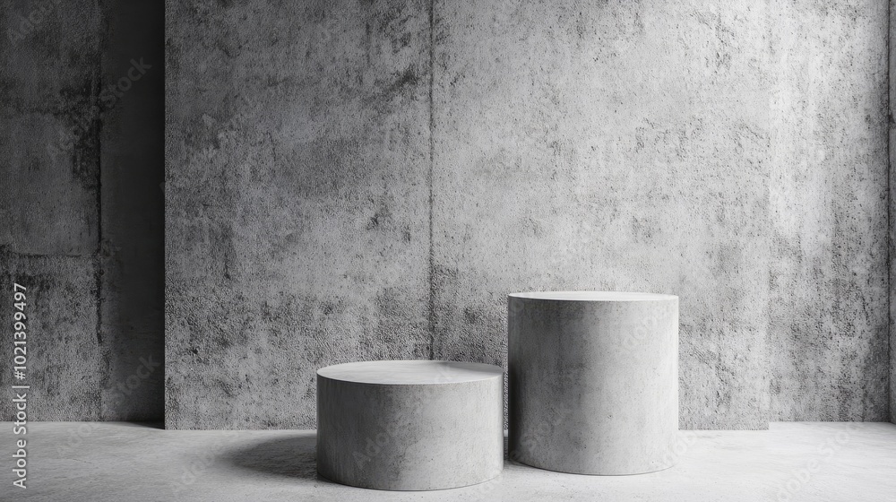 Poster 3D render of an abstract grey background featuring a contemporary minimalistic display with two vacant cylindrical pedestals suitable for showcasing products