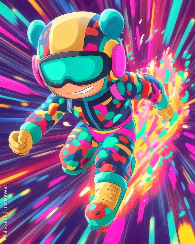 Poster an animated figure sprints energetically surrounded by bright colors and swirling patterns
