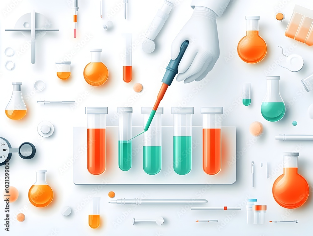 Poster meticulous scientist delicately pipetting colorful liquid solutions into glass test tubes and beaker