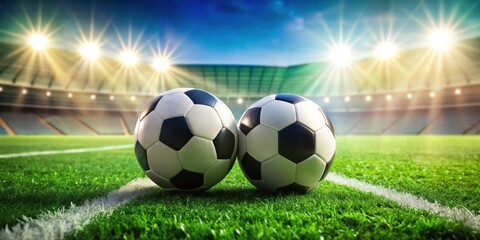 Fototapeta premium Two soccer balls resting on the green grass of a stadium field, bathed in sunlight with the stands blurred in the background