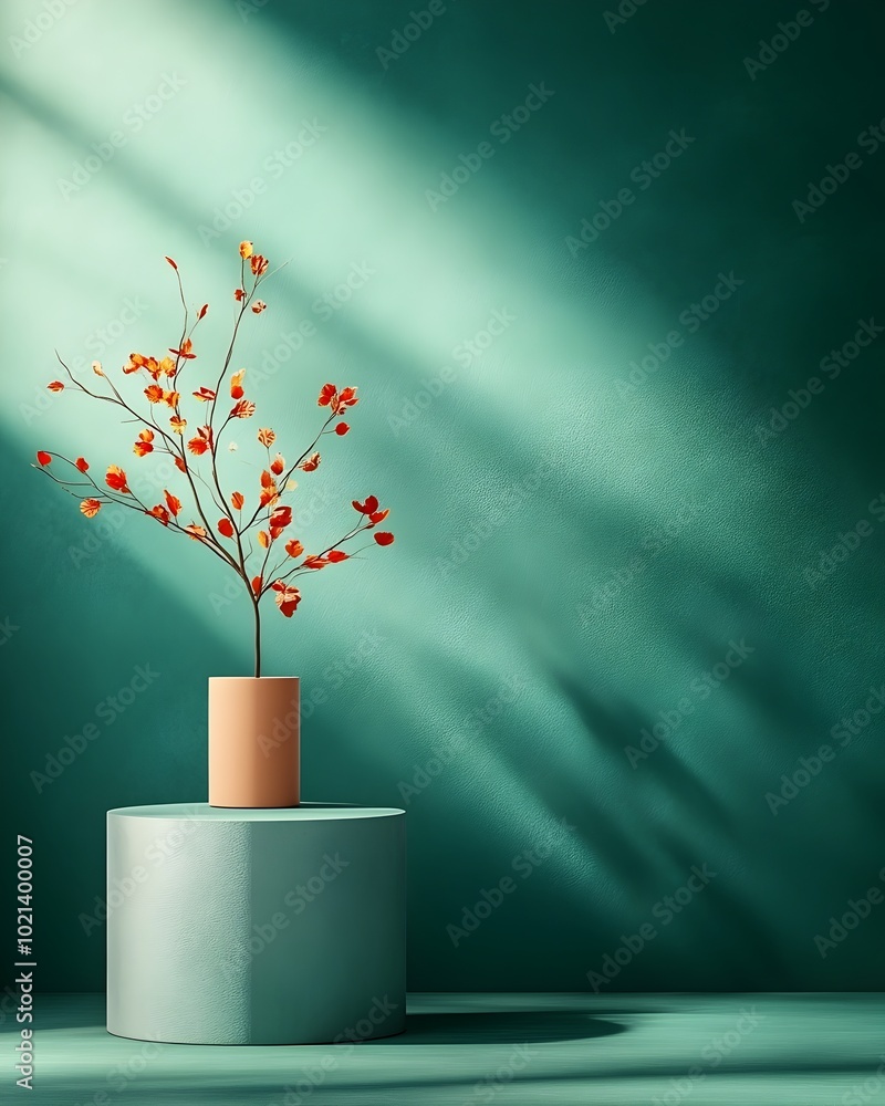 Poster minimal 3d studio setting featuring a deep green backdrop sleek product display stand and striking s