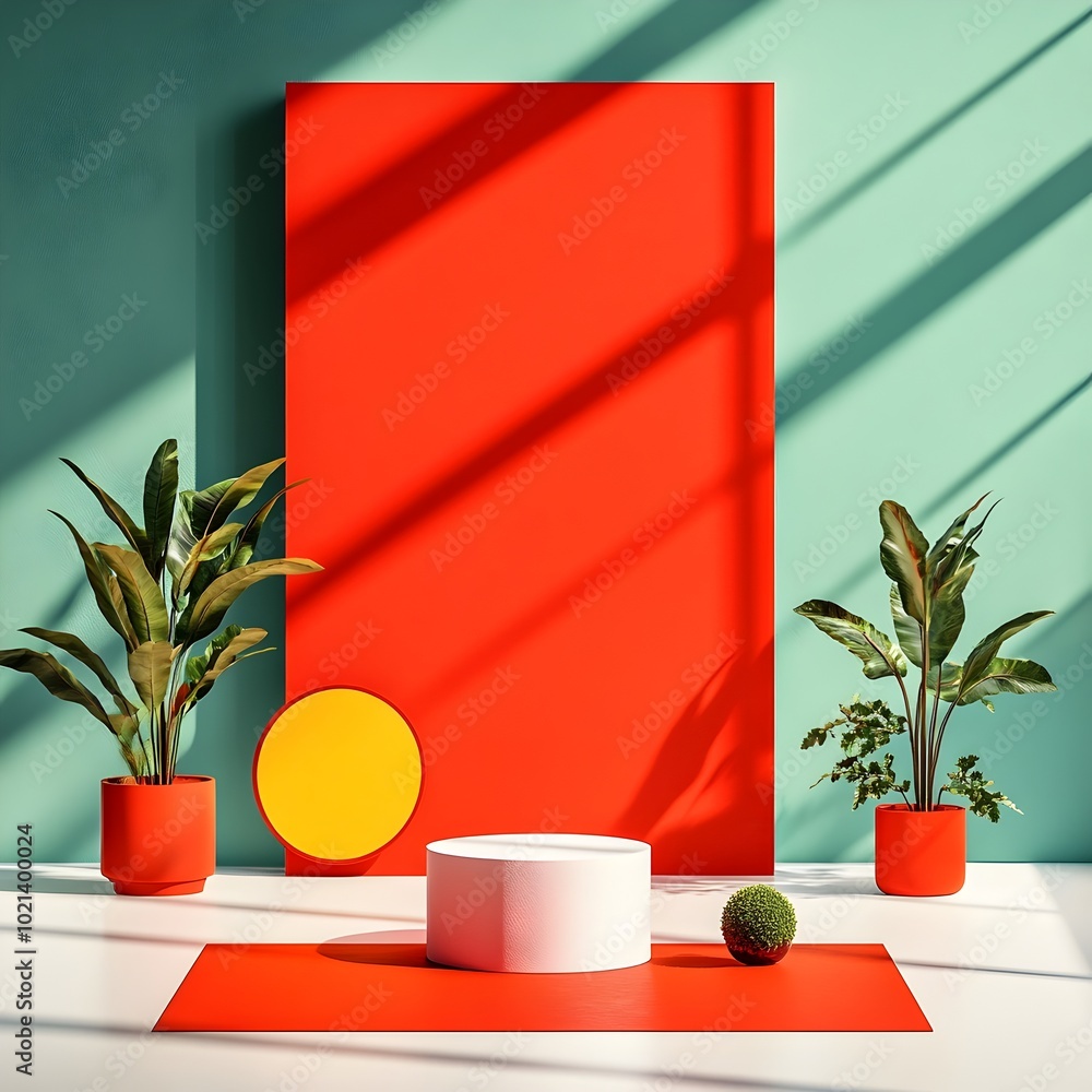 Poster minimalist 3d product display studio featuring a red seamless backdrop empty white floor and walls a