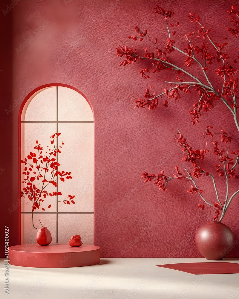 Poster minimalistic 3d studio setting featuring a plum toned background sparse floor and wall design a prod