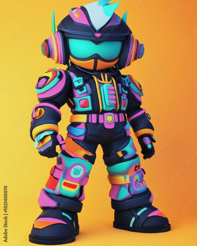 Poster a bold colorful character showcases a stylized futuristic design with dynamic details