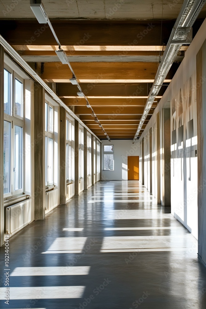 Poster Sunlight Streaming Through Windows in an Empty Hallway