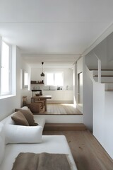 Minimalist Open Concept Living Room with White Walls and Wooden Floors