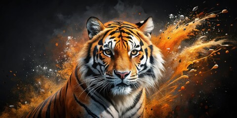 A majestic tiger with striking orange and black stripes, its gaze intense and focused, stands against a backdrop of swirling orange and white dust, creating a captivating and powerful image.