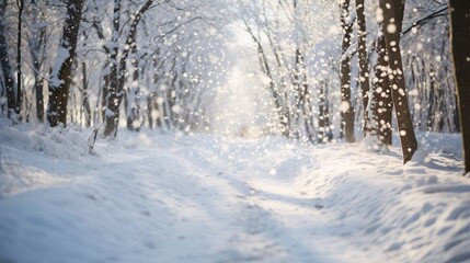 Snowflakes falling gently on a snowy trail